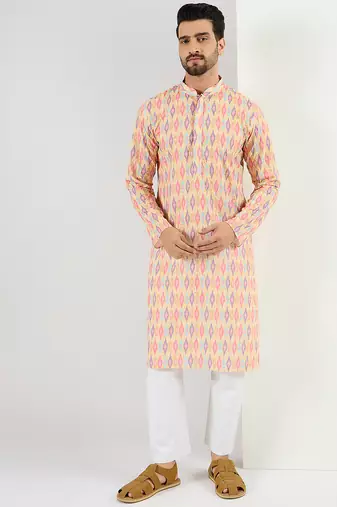 Men yellow viscose rayon abstract embroidered chikankari straight kurta