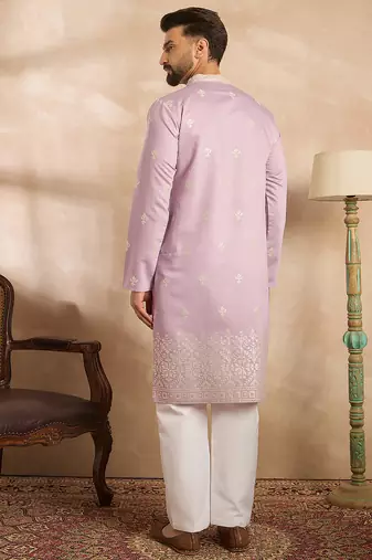 Men lavender polyester solid embroidered straight kurta sets