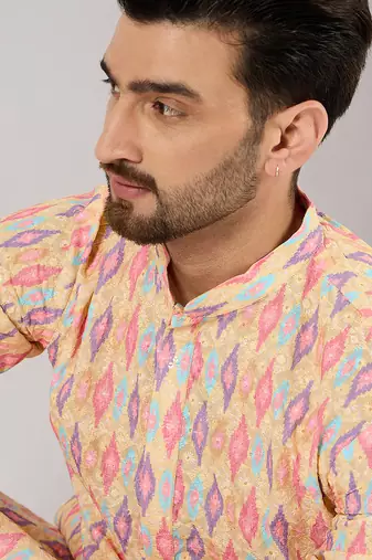 Men yellow viscose rayon abstract embroidered chikankari straight kurta