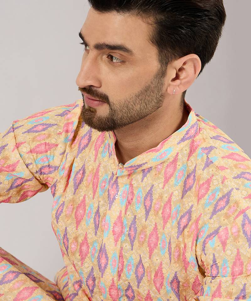 Men yellow viscose rayon abstract embroidered chikankari straight kurta