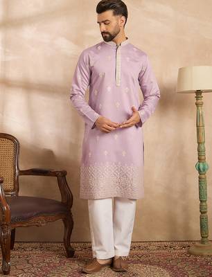 Men lavender polyester solid embroidered straight kurta sets 5