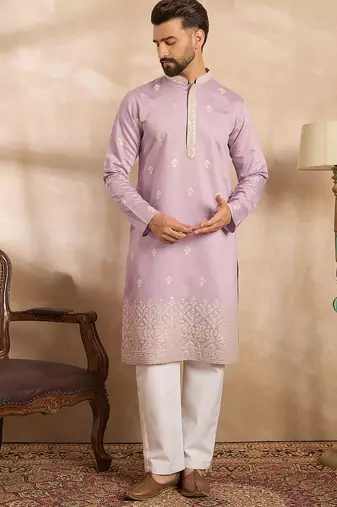 Men lavender polyester solid embroidered straight kurta sets
