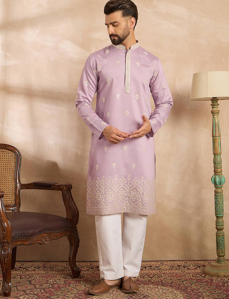 Men lavender polyester solid embroidered straight kurta sets