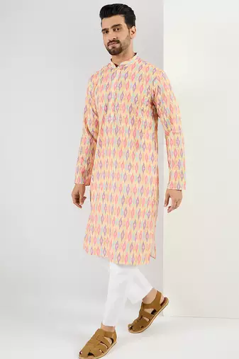 Men yellow viscose rayon abstract embroidered chikankari straight kurta