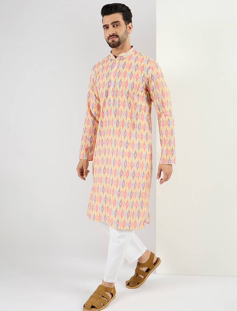 Men yellow viscose rayon abstract embroidered chikankari straight kurta