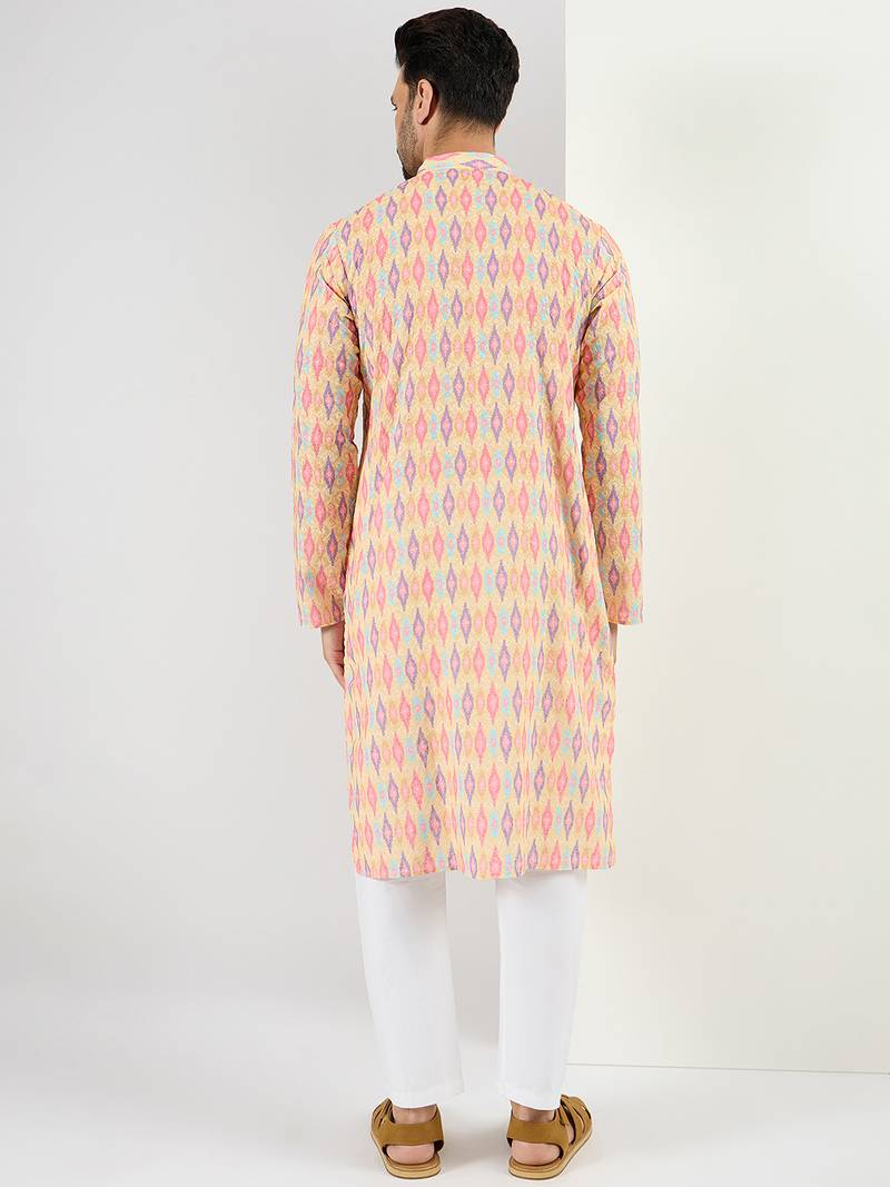 Men yellow viscose rayon abstract embroidered chikankari straight kurta