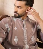 Men beige silk blend solid embroidered straight kurta sets