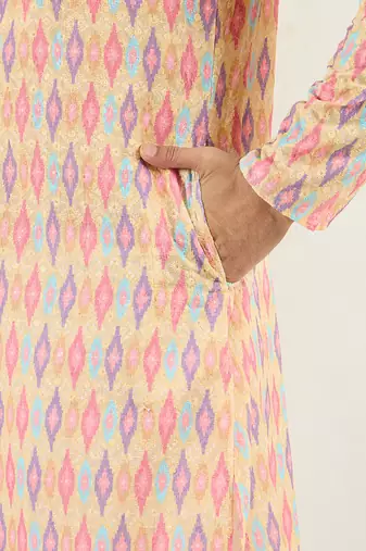 Men yellow viscose rayon abstract embroidered chikankari straight kurta
