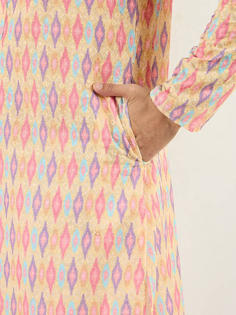 Men yellow viscose rayon abstract embroidered chikankari straight kurta