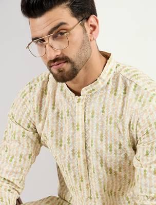 Men cream viscose rayon striped embroidered chikankari straight kurta 1