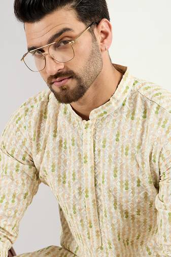 Men cream viscose rayon striped embroidered chikankari straight kurta