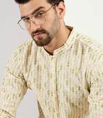 Men cream viscose rayon striped embroidered chikankari straight kurta