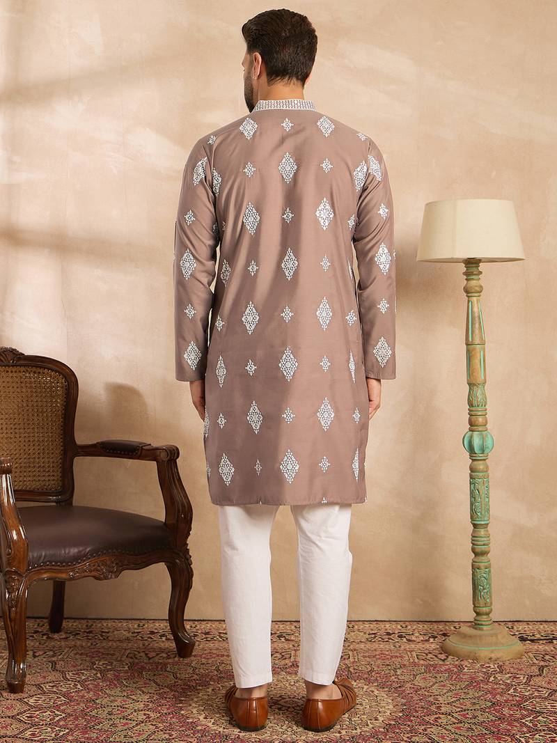 Men beige silk blend solid embroidered straight kurta sets