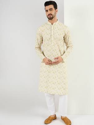 Men cream viscose rayon striped embroidered chikankari straight kurta 2