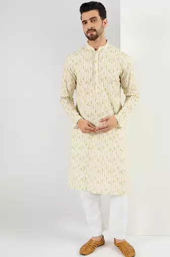 Men cream viscose rayon striped embroidered chikankari straight kurta