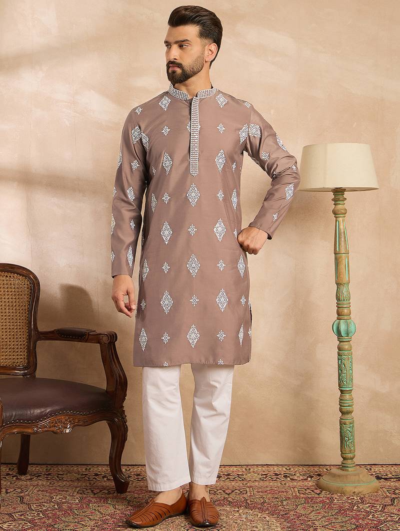 Men beige silk blend solid embroidered straight kurta sets