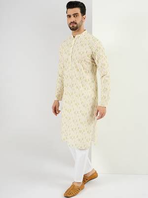 Men cream viscose rayon striped embroidered chikankari straight kurta 3
