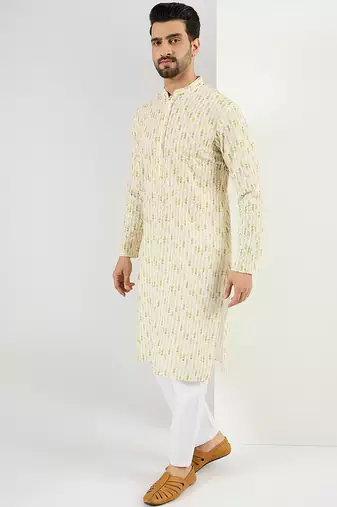 Men cream viscose rayon striped embroidered chikankari straight kurta