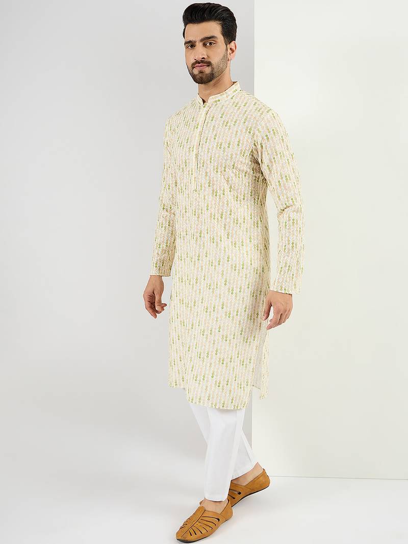 Men cream viscose rayon striped embroidered chikankari straight kurta