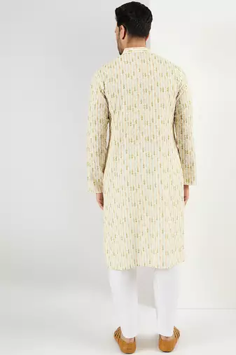 Men cream viscose rayon striped embroidered chikankari straight kurta