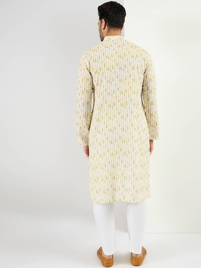 Men cream viscose rayon striped embroidered chikankari straight kurta