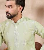 Men green silk blend solid embroidered straight kurta with trouser
