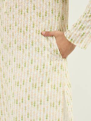Men cream viscose rayon striped embroidered chikankari straight kurta 5