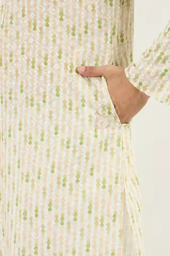 Men cream viscose rayon striped embroidered chikankari straight kurta