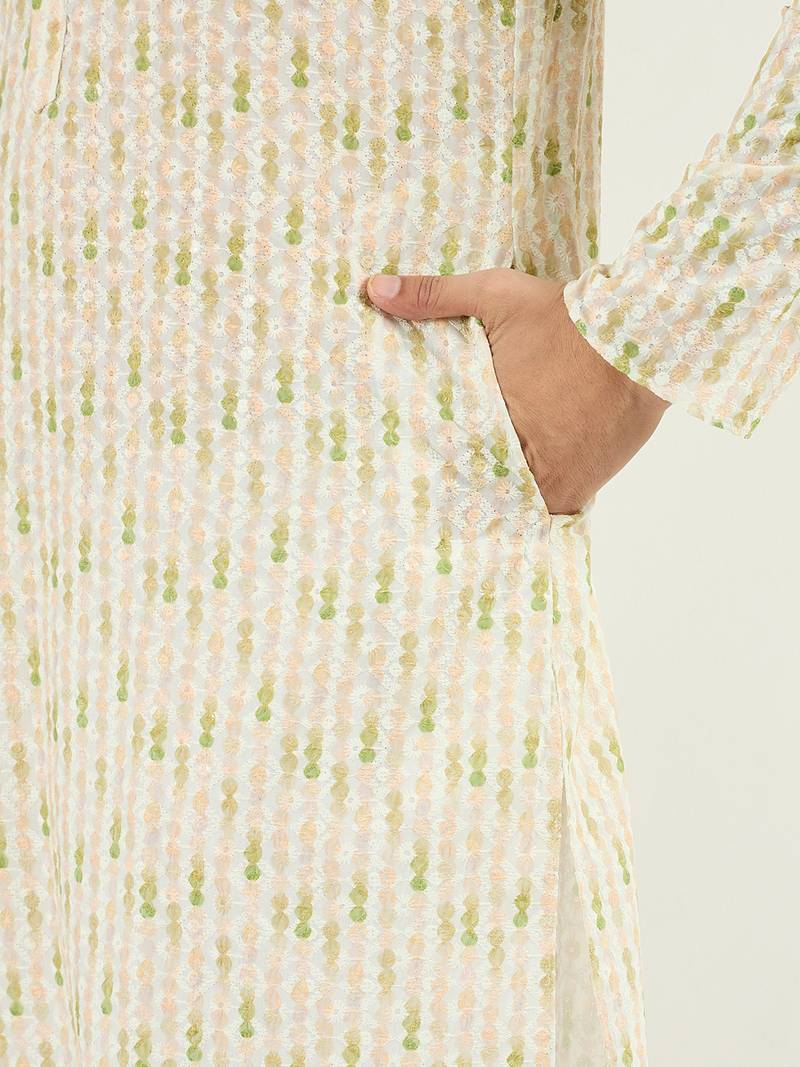 Men cream viscose rayon striped embroidered chikankari straight kurta