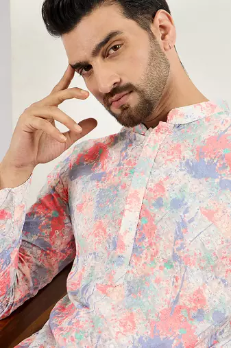 Men off white viscose rayon abstract embroidered chikankari straight kurta