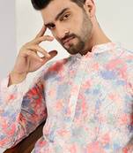 Men off white viscose rayon abstract embroidered chikankari straight kurta