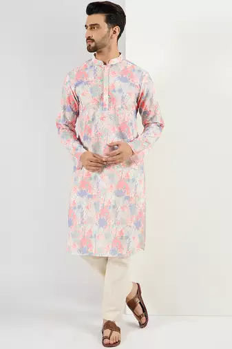 Men off white viscose rayon abstract embroidered chikankari straight kurta