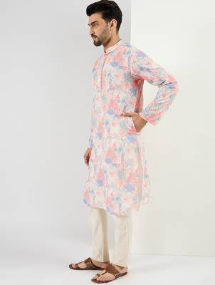 Men off white viscose rayon abstract embroidered chikankari straight kurta 3