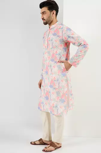 Men off white viscose rayon abstract embroidered chikankari straight kurta