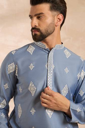 Men blue silk blend solid embroidered straight kurta sets