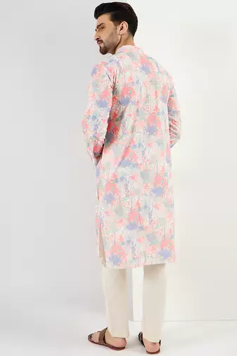 Men off white viscose rayon abstract embroidered chikankari straight kurta