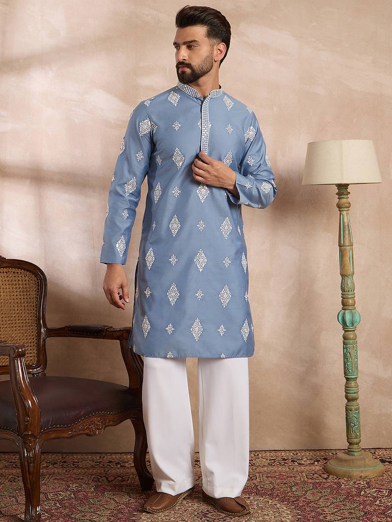 Men blue silk blend solid embroidered straight kurta sets