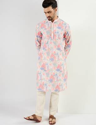 Men off white viscose rayon abstract embroidered chikankari straight kurta 5