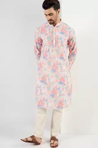 Men off white viscose rayon abstract embroidered chikankari straight kurta