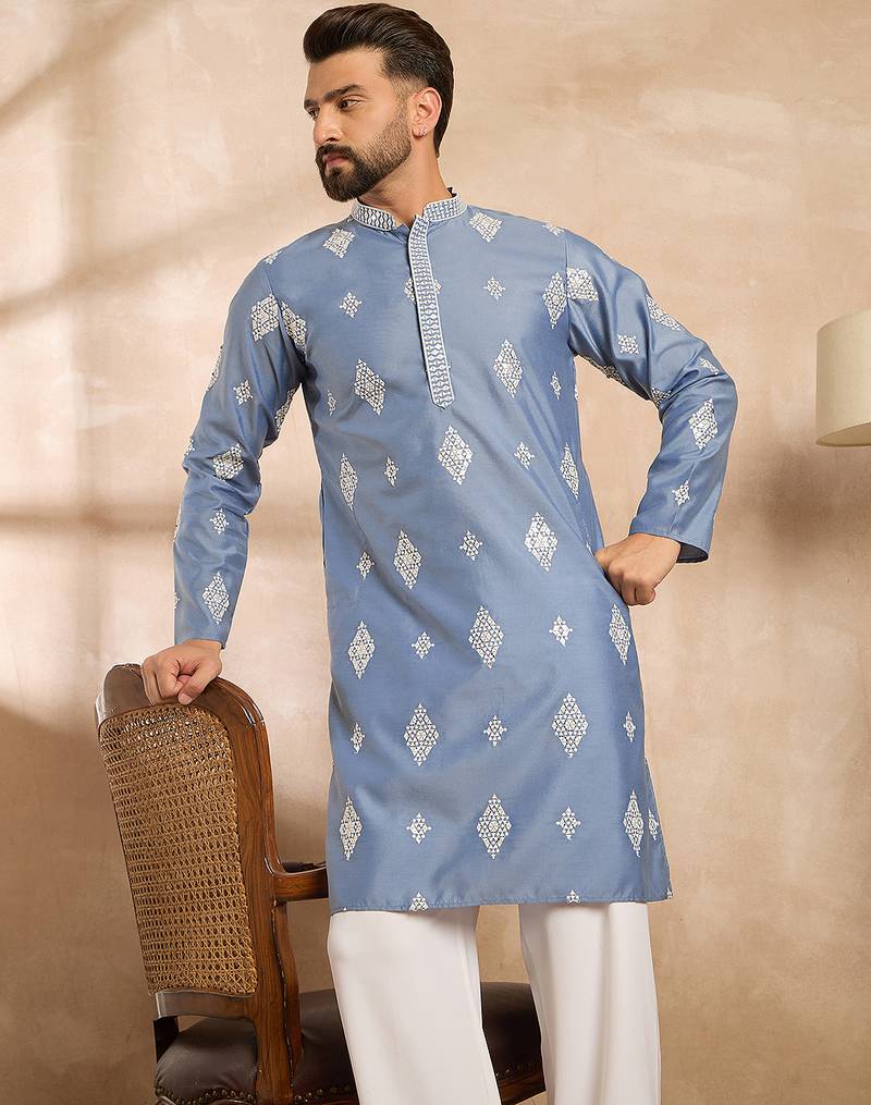 Men blue silk blend solid embroidered straight kurta sets