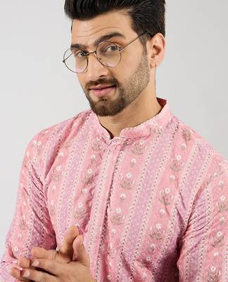 Men peach viscose rayon floral embroidered chikankari straight kurta 1