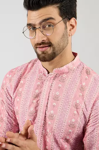 Men peach viscose rayon floral embroidered chikankari straight kurta