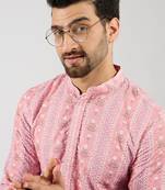 Men peach viscose rayon floral embroidered chikankari straight kurta