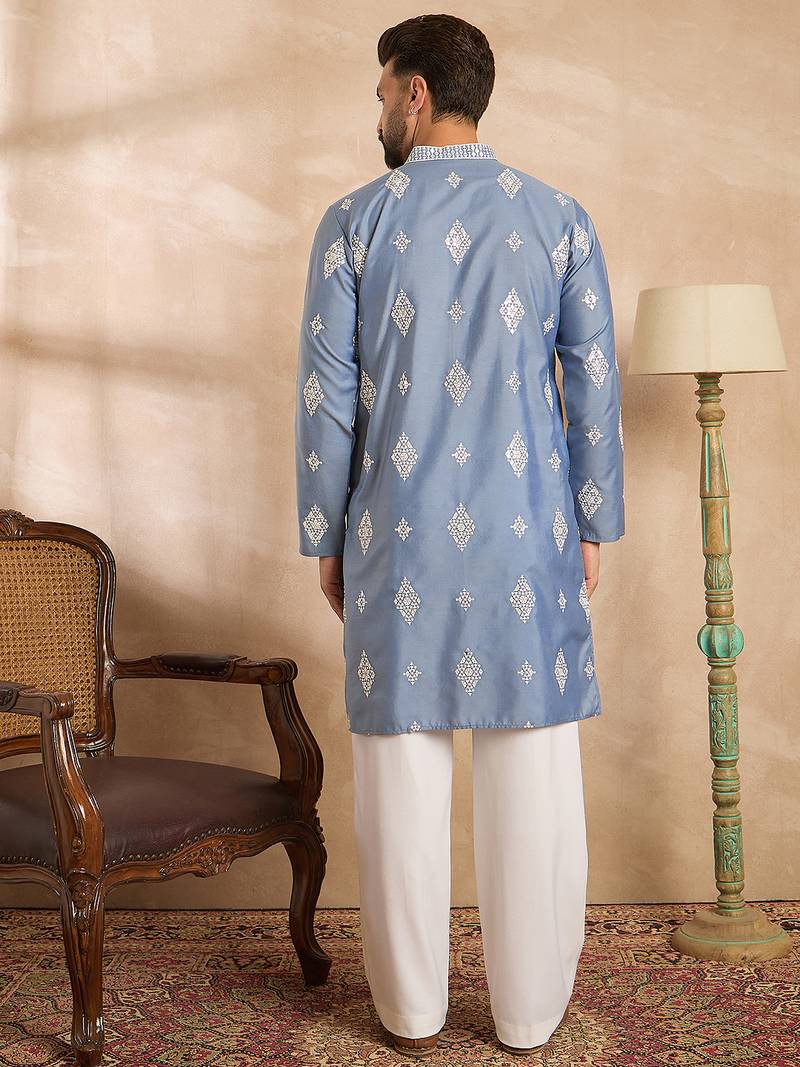 Men blue silk blend solid embroidered straight kurta sets