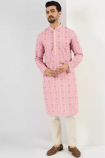 Men peach viscose rayon floral embroidered chikankari straight kurta