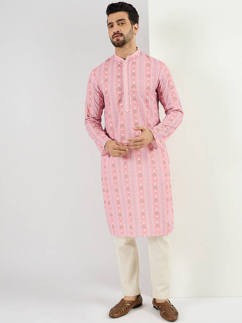 Men peach viscose rayon floral embroidered chikankari straight kurta