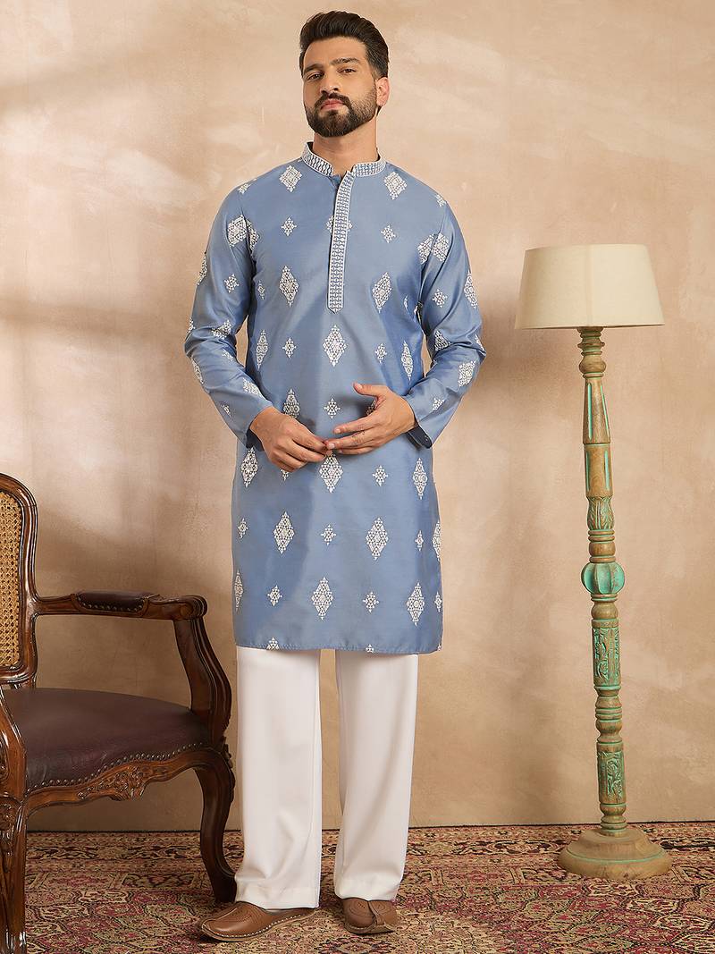 Men blue silk blend solid embroidered straight kurta sets
