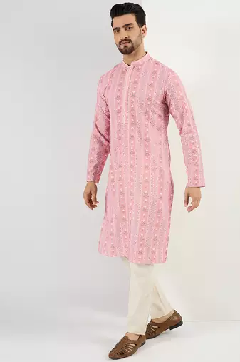 Men peach viscose rayon floral embroidered chikankari straight kurta