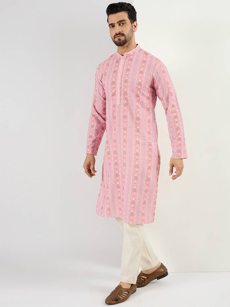 Men peach viscose rayon floral embroidered chikankari straight kurta