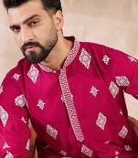 Men maroon silk blend solid embroidered straight kurta with trouser